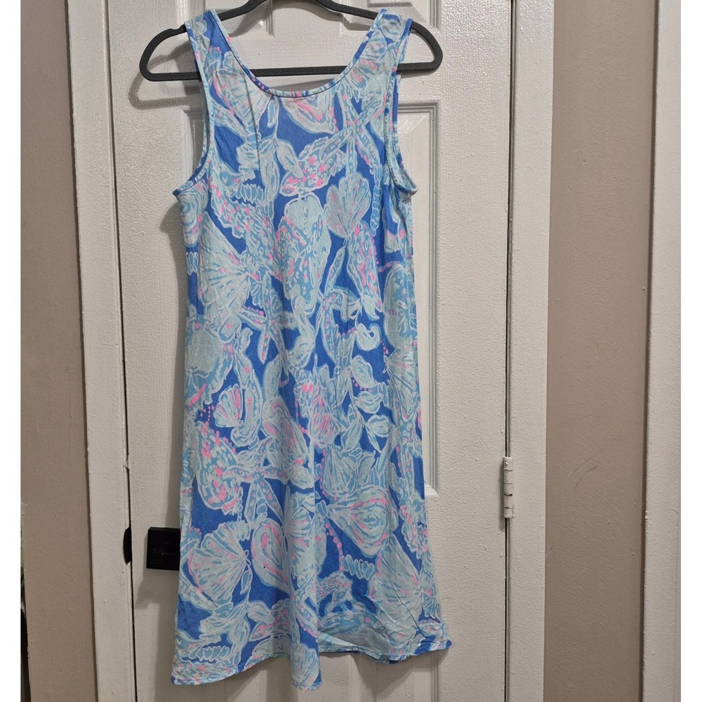 Lilly Pulitzer Blue Pink Sea Shell Starfish 100% Linen Sleeveless Shift Dress M - Picture 2 of 7